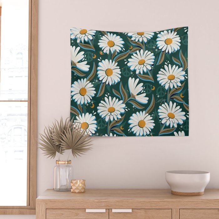 Drippy Daisy Dreamscape - White on Teal Wall Tapestry Gallery Image 2
