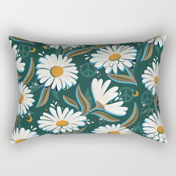 Drippy Daisy Dreamscape - White on Teal Rectangular Pillow Gallery Image 1