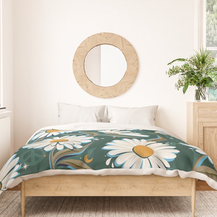 Drippy Daisy Dreamscape - White on Teal Duvet Cover Gallery Image 3