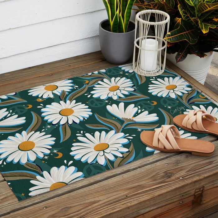 Drippy Daisy Dreamscape - White on Teal Outdoor Rug Gallery Image 2