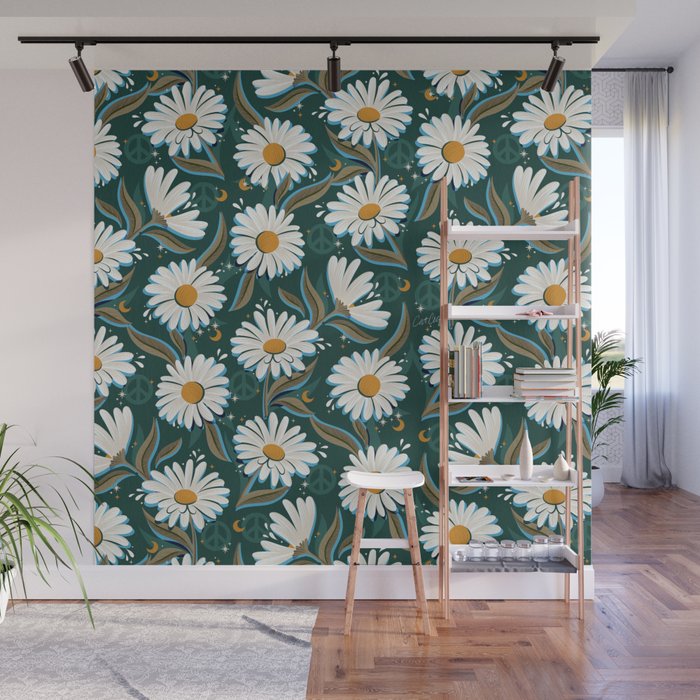 Drippy Daisy Dreamscape - White on Teal Wall Mural Gallery Image 1