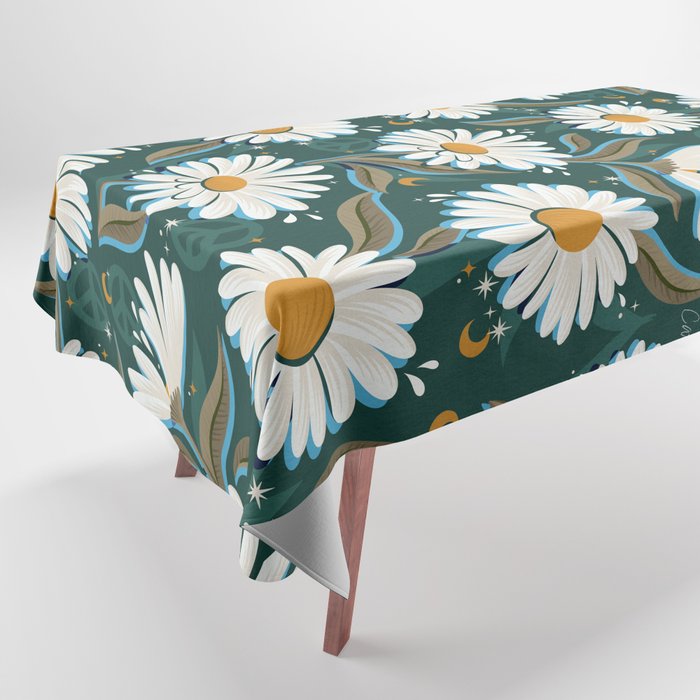 Drippy Daisy Dreamscape - White on Teal Tablecloth Gallery Image 1