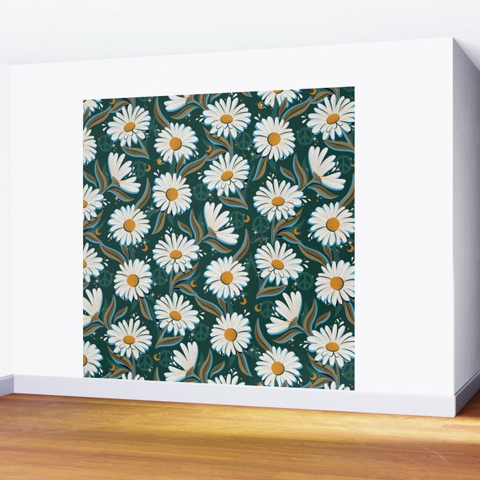 Drippy Daisy Dreamscape - White on Teal Wall Mural Gallery Image 2