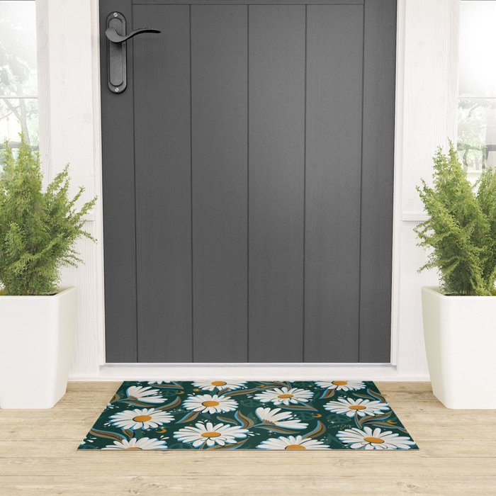 Drippy Daisy Dreamscape - White on Teal Welcome Mat Gallery Image 3