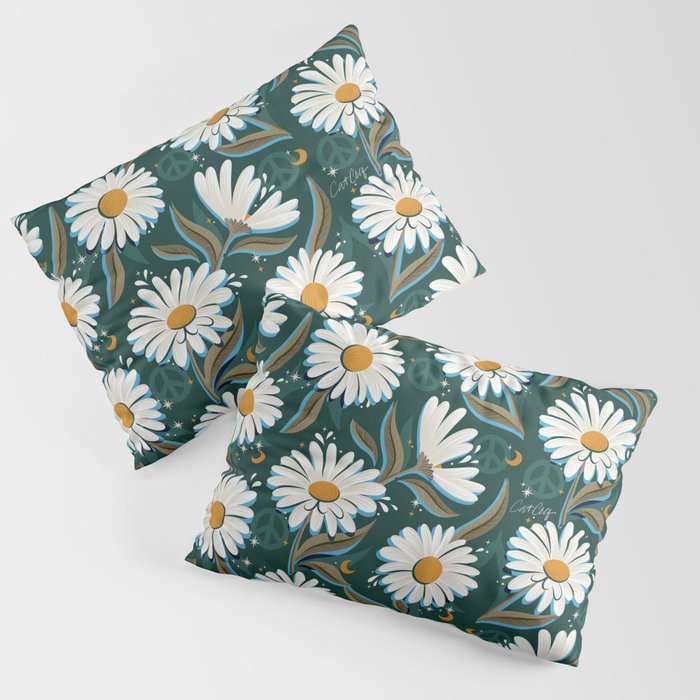 Drippy Daisy Dreamscape - White on Teal Pillow Sham Gallery Image 3