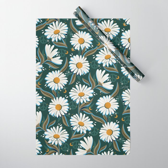 Drippy Daisy Dreamscape - White on Teal Wrapping Paper Gallery Image 1