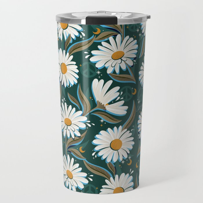 Drippy Daisy Dreamscape - White on Teal Travel Mug Gallery Image 1