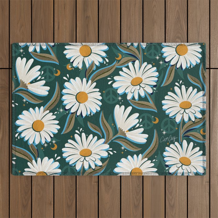 Drippy Daisy Dreamscape - White on Teal Outdoor Rug Gallery Image 1