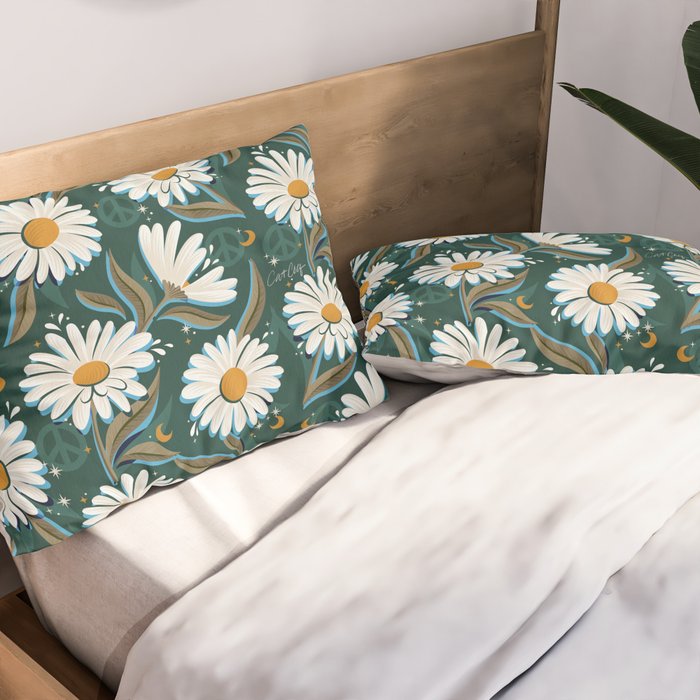 Drippy Daisy Dreamscape - White on Teal Pillow Sham Gallery Image 2