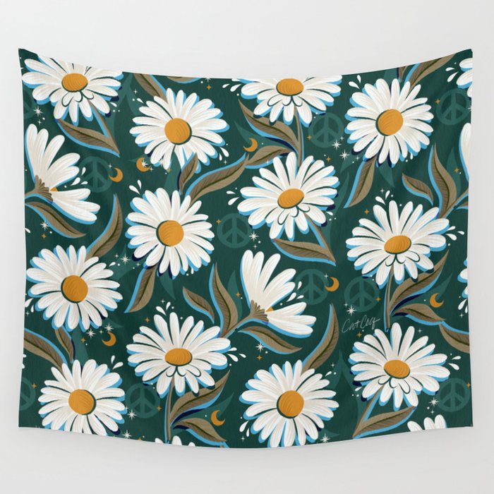 Drippy Daisy Dreamscape - White on Teal Wall Tapestry Gallery Image 4