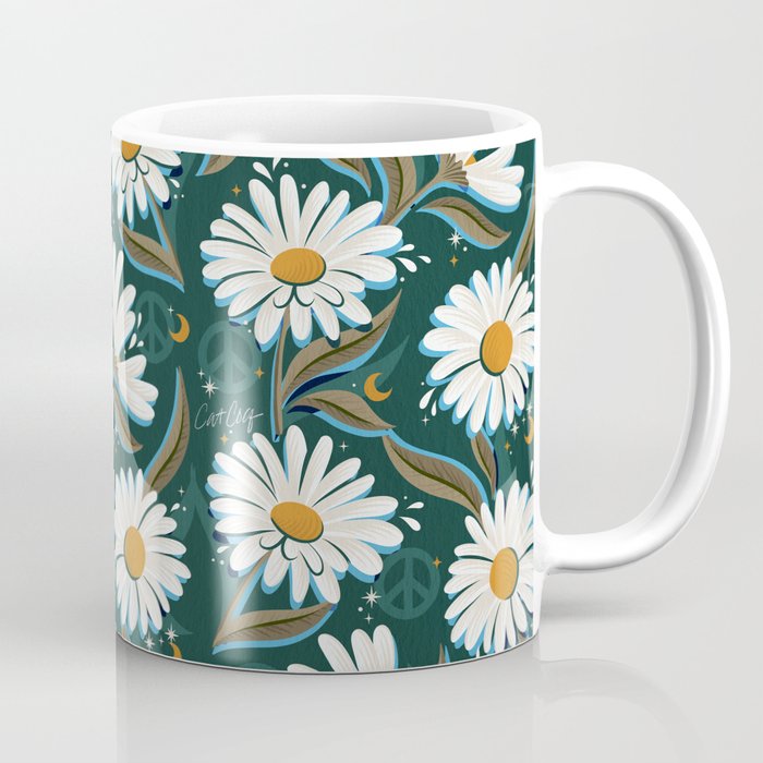 Drippy Daisy Dreamscape - White on Teal Coffee Mug Gallery Image 1