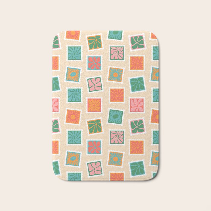 Vintage flower postage stamp pattern Bath Mat Gallery Image 1