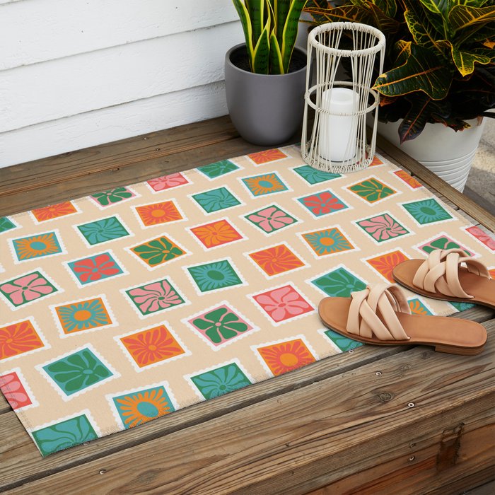 Vintage flower postage stamp pattern Outdoor Rug Gallery Image 2