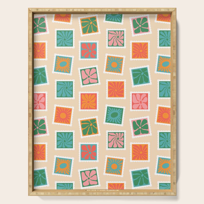 Vintage flower postage stamp pattern Serving Tray Gallery Image 1