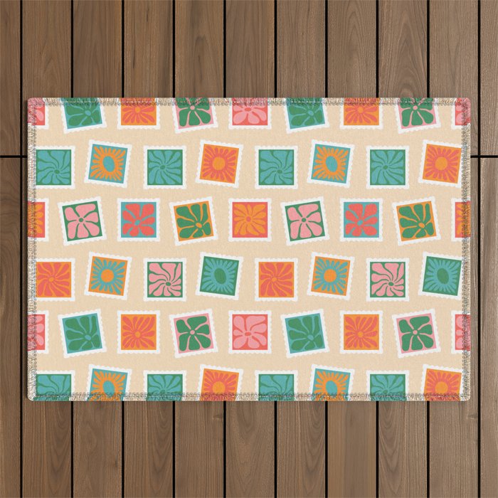Vintage flower postage stamp pattern Outdoor Rug Gallery Image 1