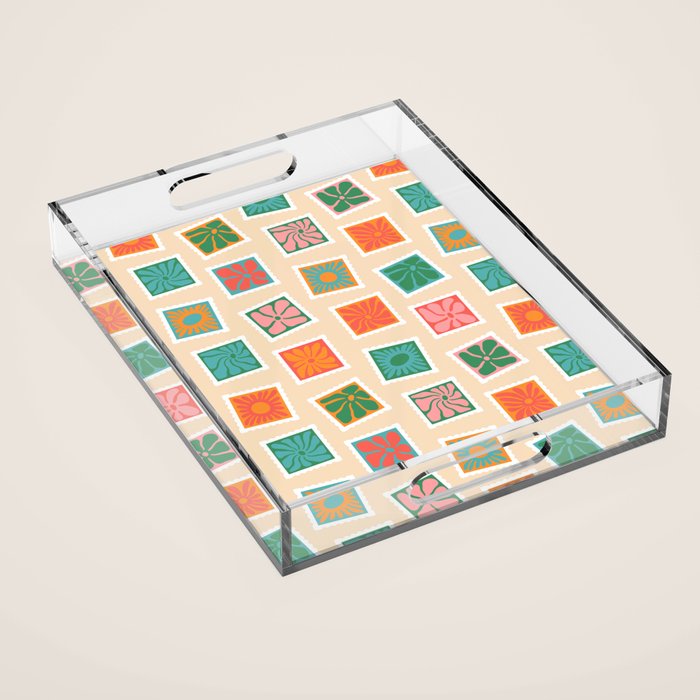 Vintage flower postage stamp pattern Acrylic Tray Gallery Image 1