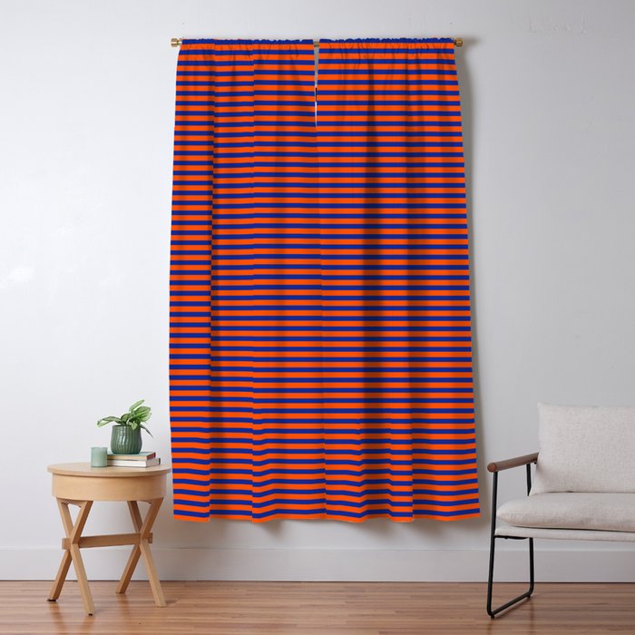 Ultra Fine Stripe Narrow Pinstripe Pattern in Bold Blue and Orange Window Curtain Gallery Image 1