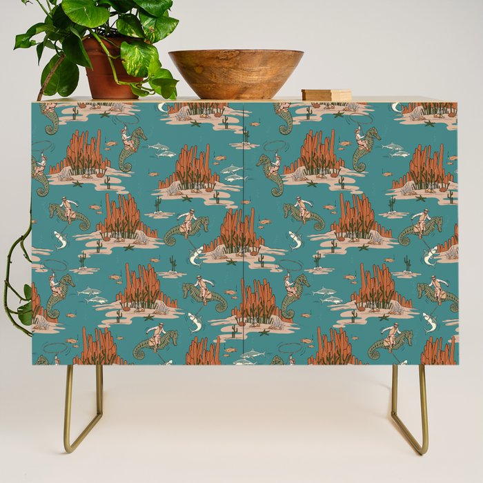 Quirky Western Cowboys on Seahorses Roping Sharks Credenza Gallery Image 1