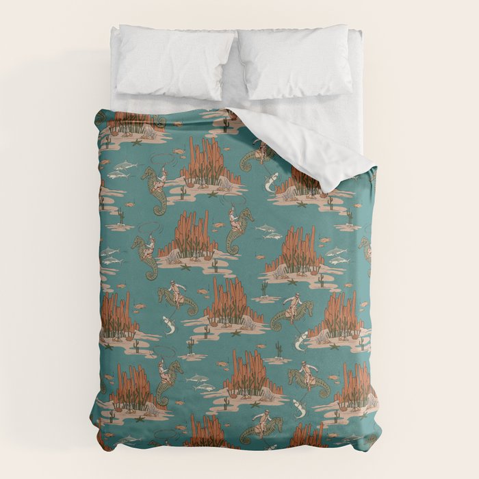 Quirky Western Cowboys on Seahorses Roping Sharks Duvet Cover Gallery Image 6