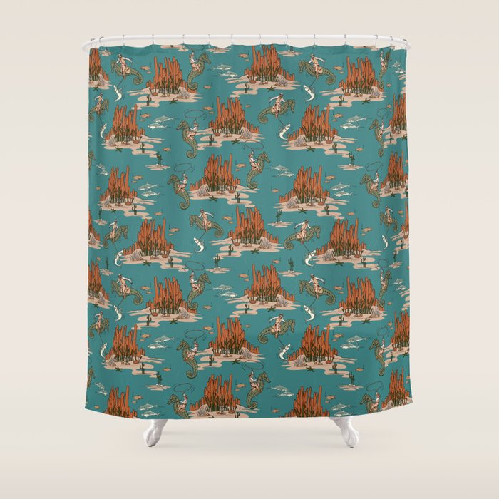 Quirky Western Cowboys on Seahorses Roping Sharks Shower Curtain Gallery Image 1