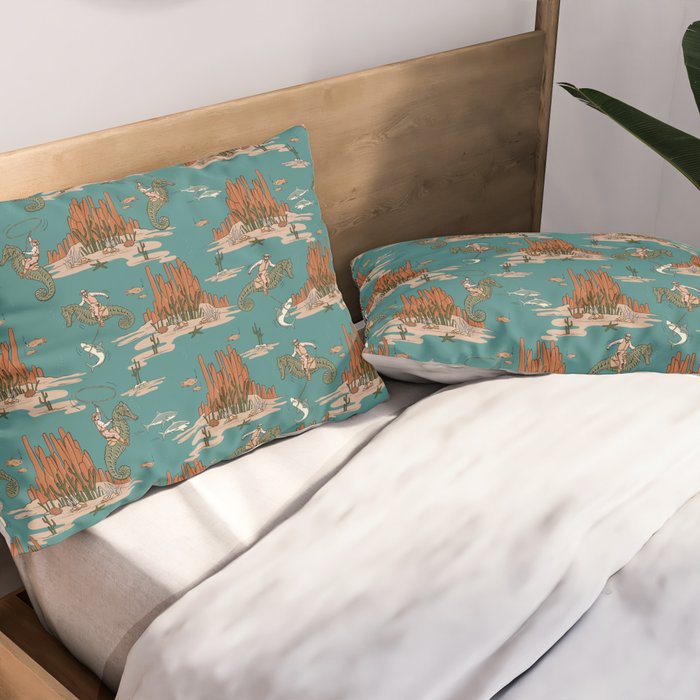Quirky Western Cowboys on Seahorses Roping Sharks Pillow Sham Gallery Image 2