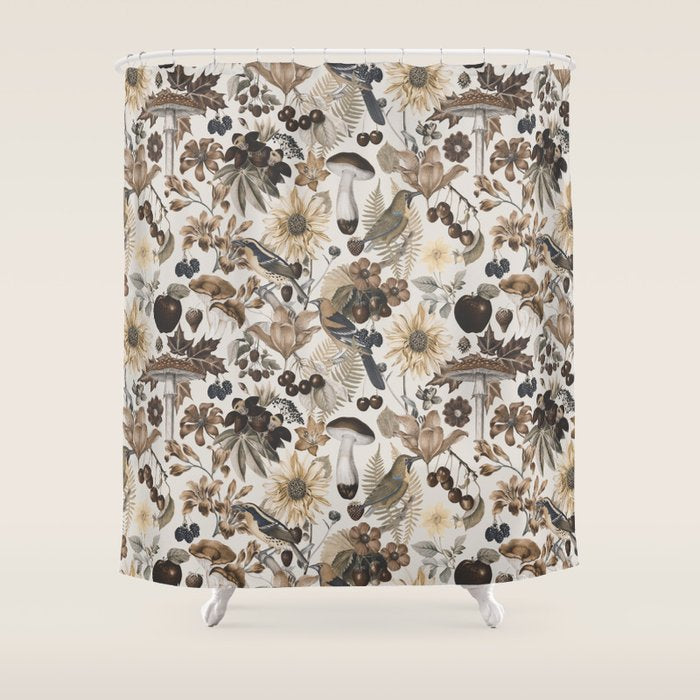 Autumn Garden With Birds In Warm Fall Colors Shower Curtain Gallery Image 1