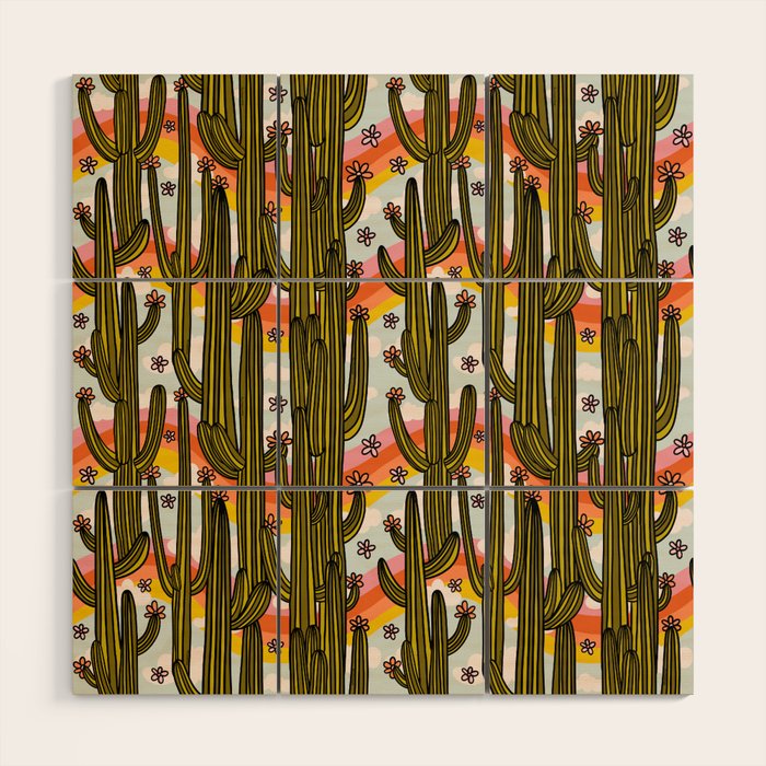 Rainbow and Cacti Print Wood Wall Art Gallery Image 1