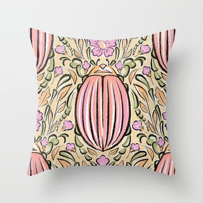 Retro Floral Beetles - vintage pastels Throw Pillow Gallery Image 1