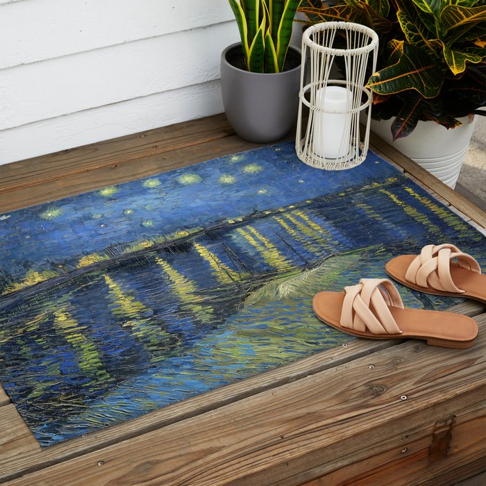 Vincent van Gogh Starry Night Over the Rhone (1888) enhanced with artificial intelligence Outdoor Rug Gallery Image 2
