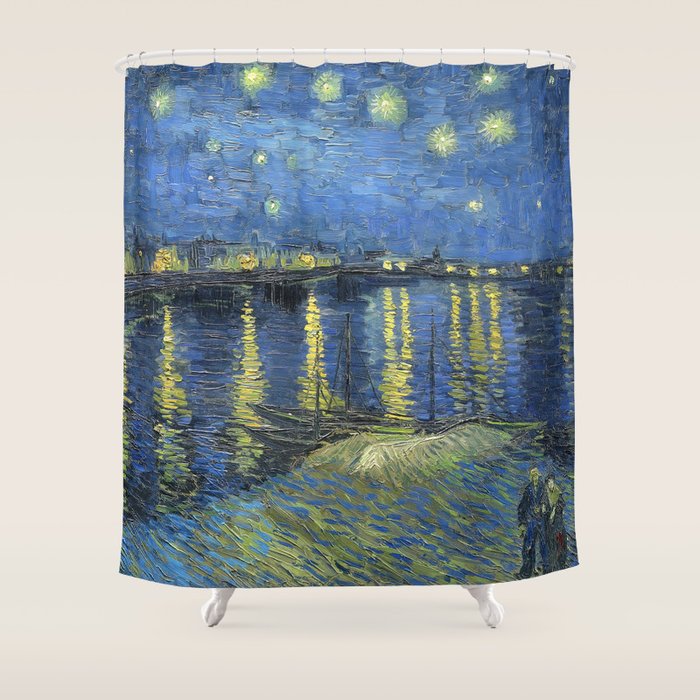 Vincent van Gogh Starry Night Over the Rhone (1888) enhanced with artificial intelligence Shower Curtain Gallery Image 1