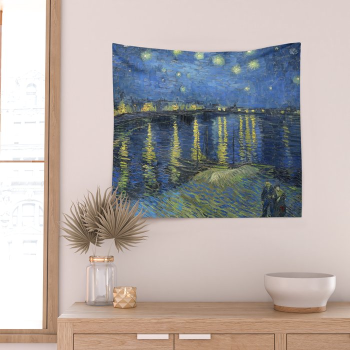Vincent van Gogh Starry Night Over the Rhone (1888) enhanced with artificial intelligence Wall Tapestry Gallery Image 2