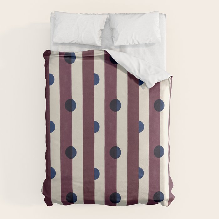 Burgundy Stripes and Navy Dots Modern Pattern Duvet Cover Gallery Image 1