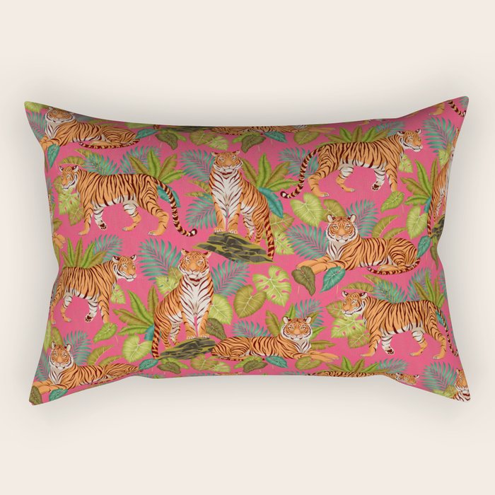 Tropical Tigers In Hot Pink Rectangular Pillow Gallery Image 1