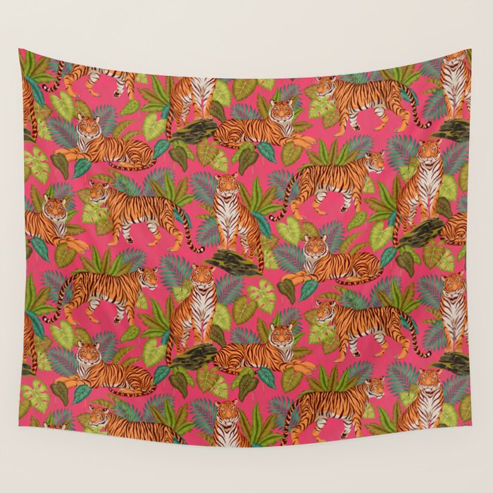 Tropical Tigers In Hot Pink Wall Tapestry Gallery Image 4