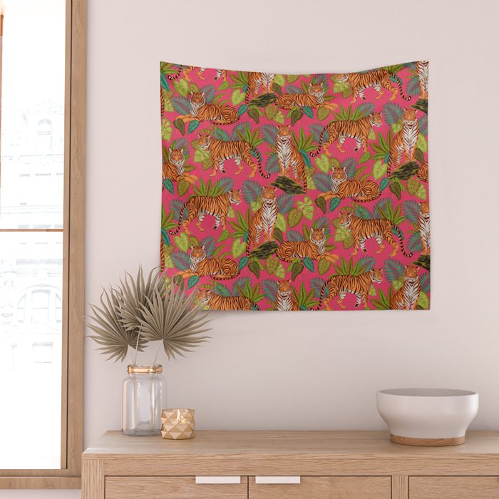 Tropical Tigers In Hot Pink Wall Tapestry Gallery Image 2