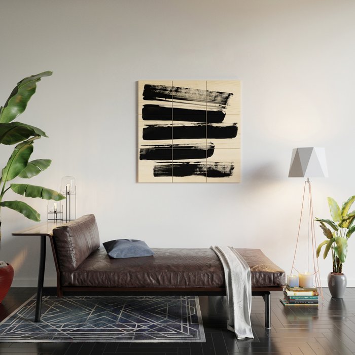 Stripes Black & White Minimalist Abstract Mid century Ink Art Dark Brush Strokes Wood Wall Art Gallery Image 2