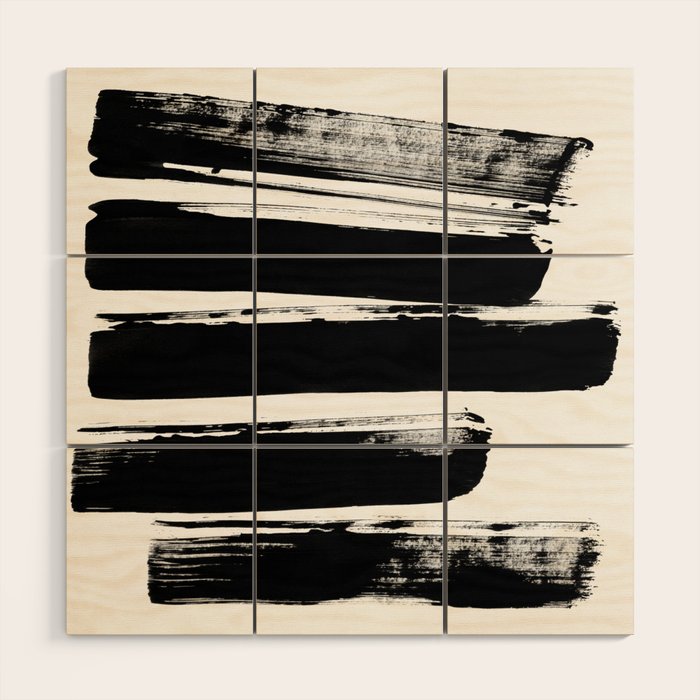 Stripes Black & White Minimalist Abstract Mid century Ink Art Dark Brush Strokes Wood Wall Art Gallery Image 1
