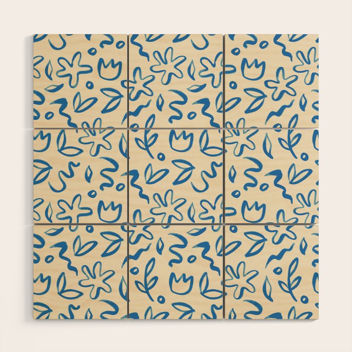 Organic Blue floral nature art doodle pattern Wood Wall Art Gallery Image 1