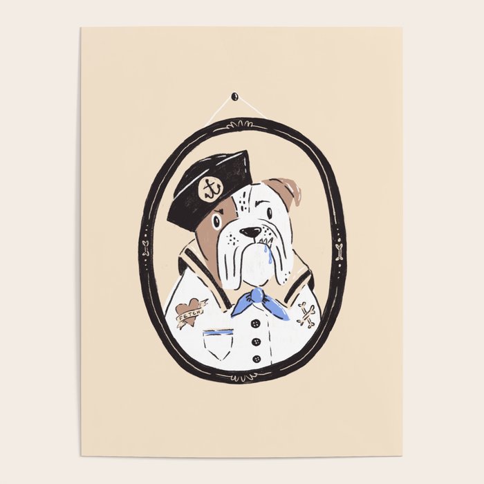 English Bulldog Sailor Illustration Poster Gallery Image 1