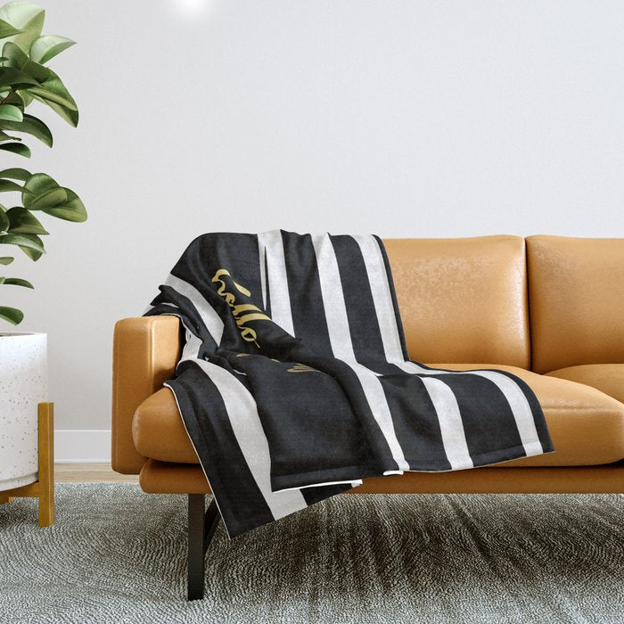 Hello Gorgeous, Gold, Black and White Print Throw Blanket Gallery Image 1