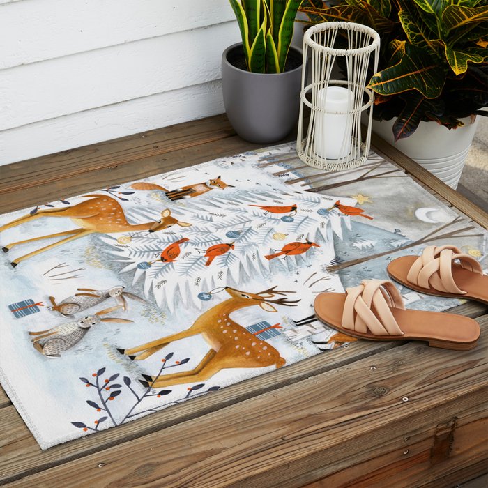 Christmas snow woodland animals Outdoor Rug Gallery Image 2