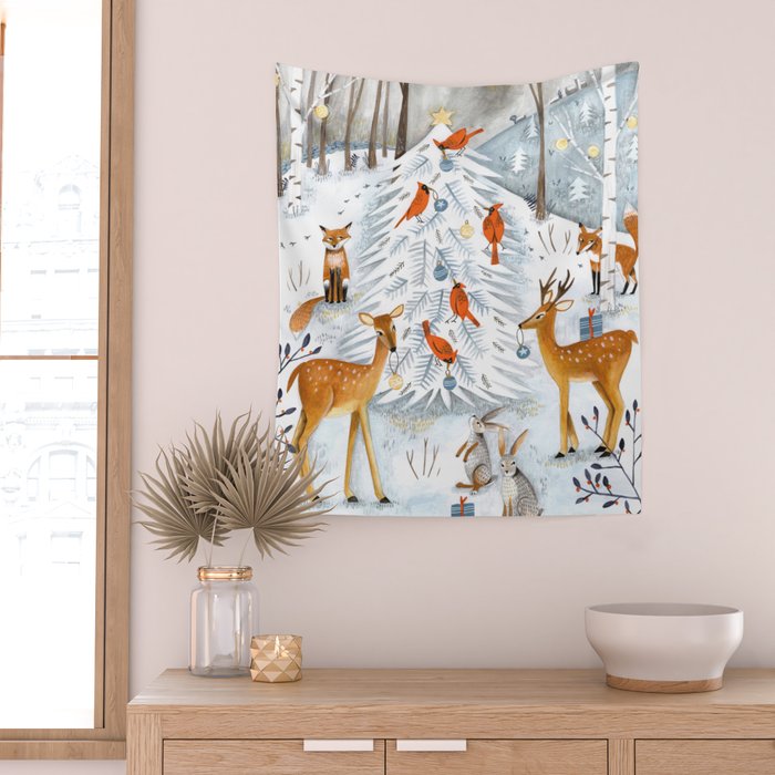 Christmas snow woodland animals Wall Tapestry Gallery Image 2
