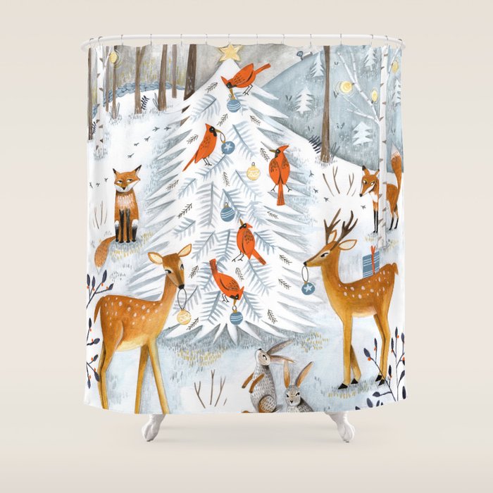 Christmas snow woodland animals Shower Curtain Gallery Image 1