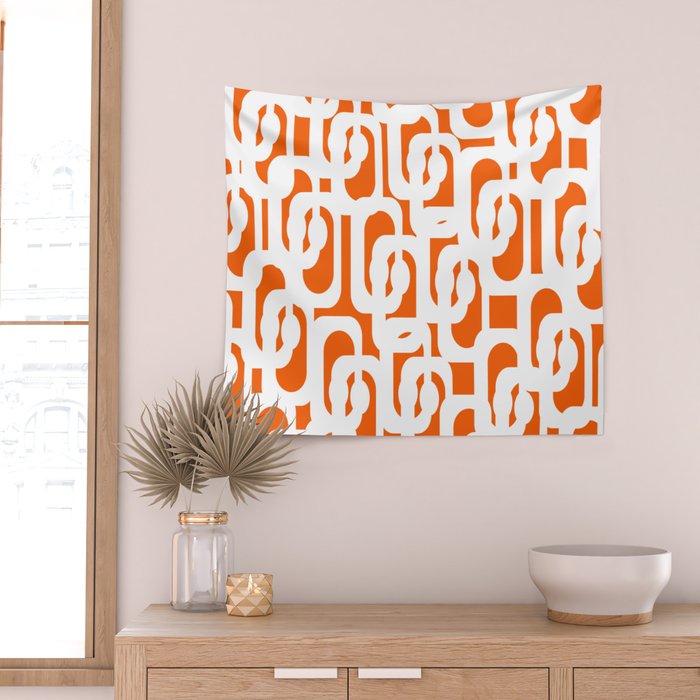 Mid Century Modern Loops Orange and White Abstract Pattern Wall Tapestry Gallery Image 2