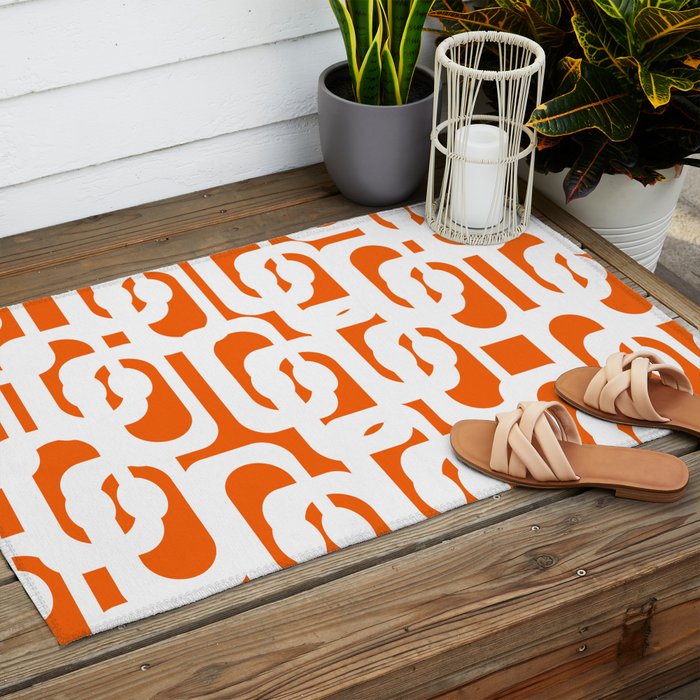 Mid Century Modern Loops Orange and White Abstract Pattern Outdoor Rug Gallery Image 2