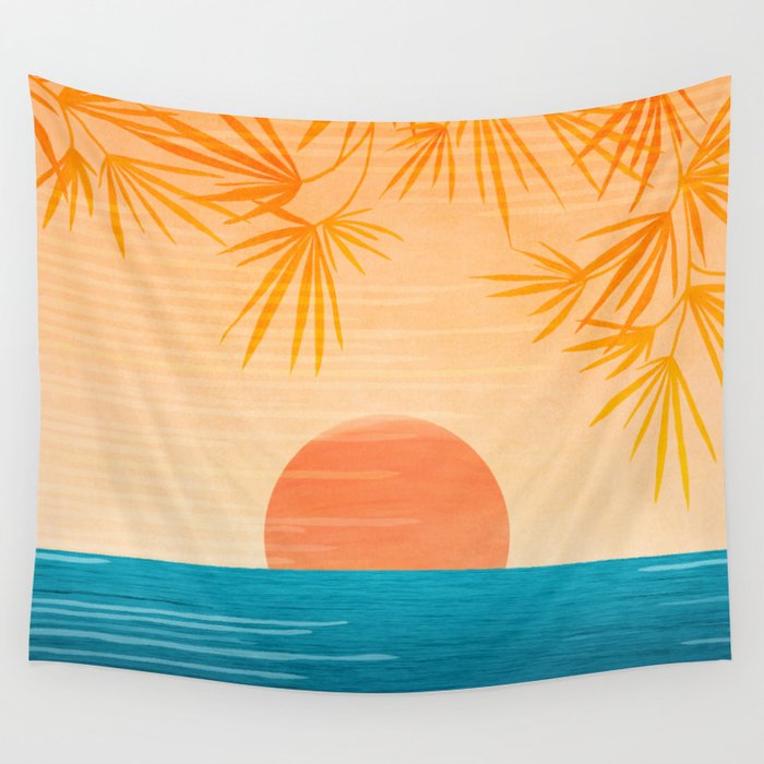 Orange Tropical Sunset Landscape 2 Wall Tapestry Gallery Image 1
