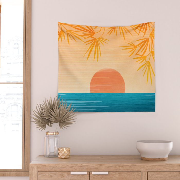 Orange Tropical Sunset Landscape 2 Wall Tapestry Gallery Image 2