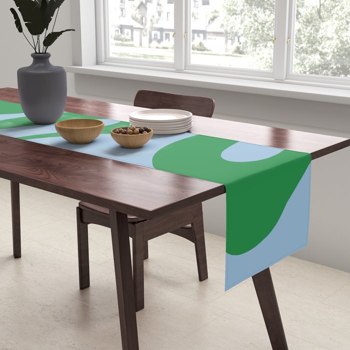 Soft Curves Retro Modern Abstract Pattern in Green and Light Blue Table Runner Gallery Image 2