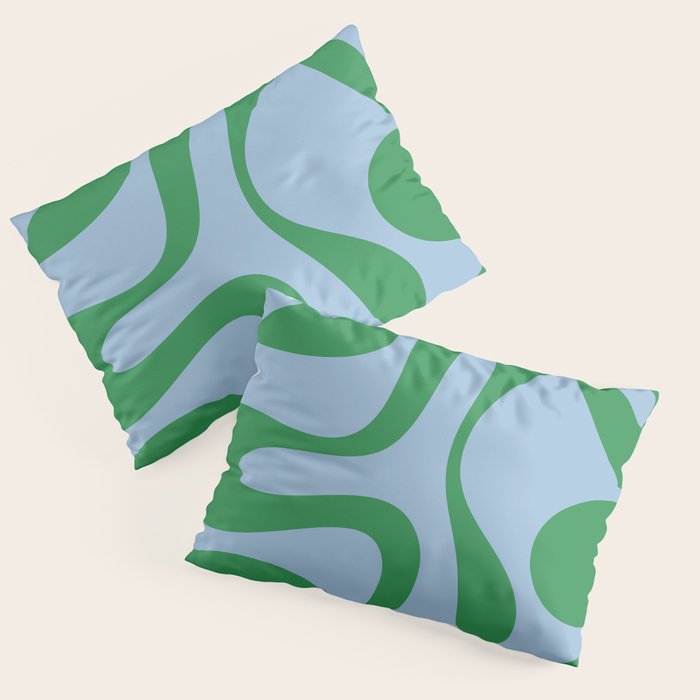 Soft Curves Retro Modern Abstract Pattern in Green and Light Blue Pillow Sham Gallery Image 1