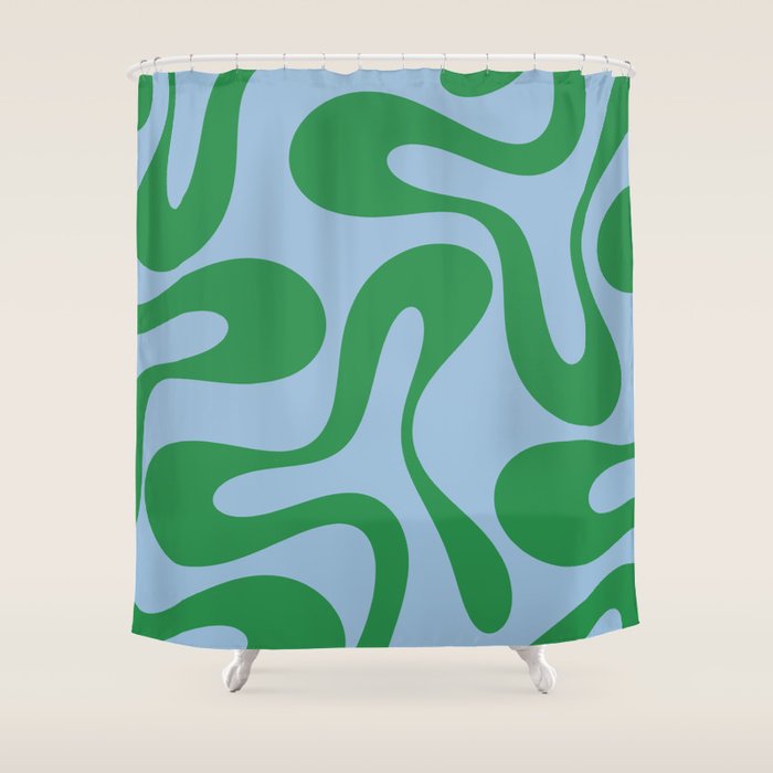 Soft Curves Retro Modern Abstract Pattern in Green and Light Blue Shower Curtain Gallery Image 1